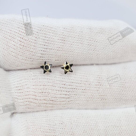 14K Solid Gold Star Stud Earrings • Black Cubic Zirconia Design • Modern Jewelry - Picture 7 of 8